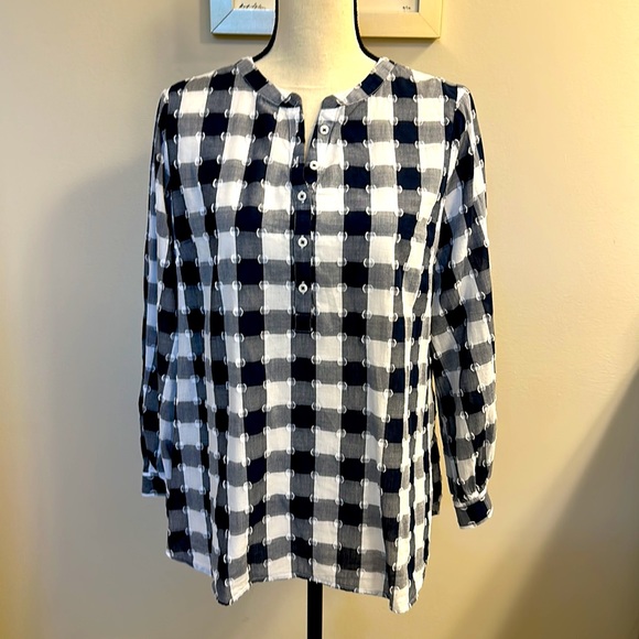 Talbots Clip Dot Popover Navy and White Checked - Picture 2 of 8